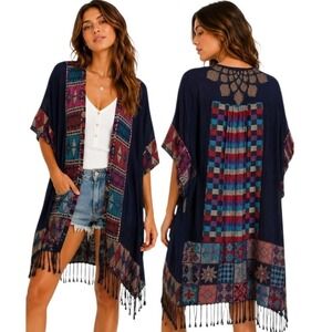 Sample Kimono Small Navy Blue Geometric Embroidery Patchwork Fringe Oversized